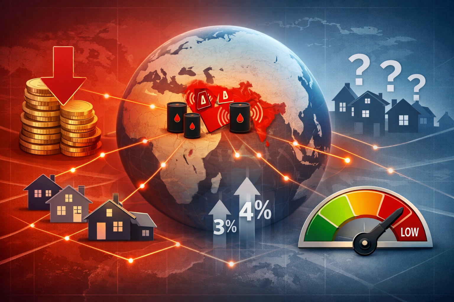 Wide () conceptual business illustration depicting geopolitical uncertainty impact on UK property market. Central focus