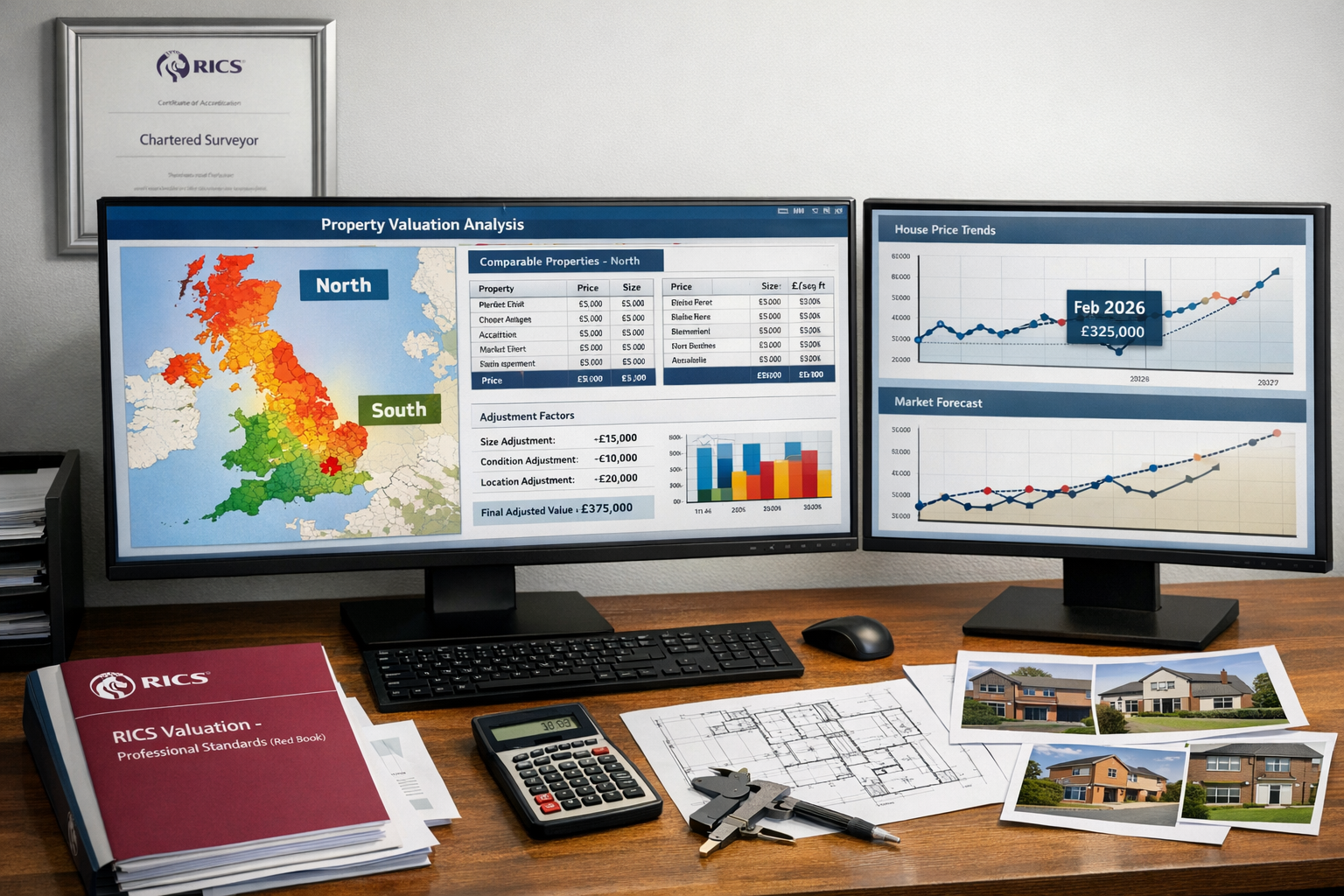 Detailed () professional photograph of modern surveyor's office workspace showing dual monitor setup displaying comparative