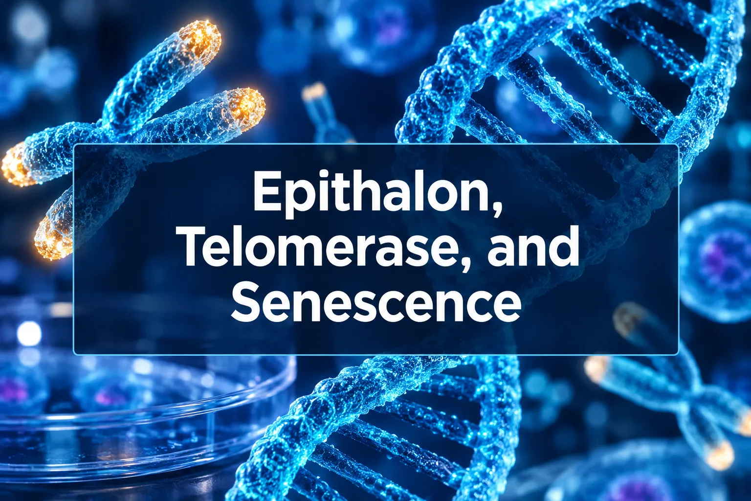 Professional () hero image with 'Epithalon, Telomerase, and Senescence' in crisp white modern on a deep navy