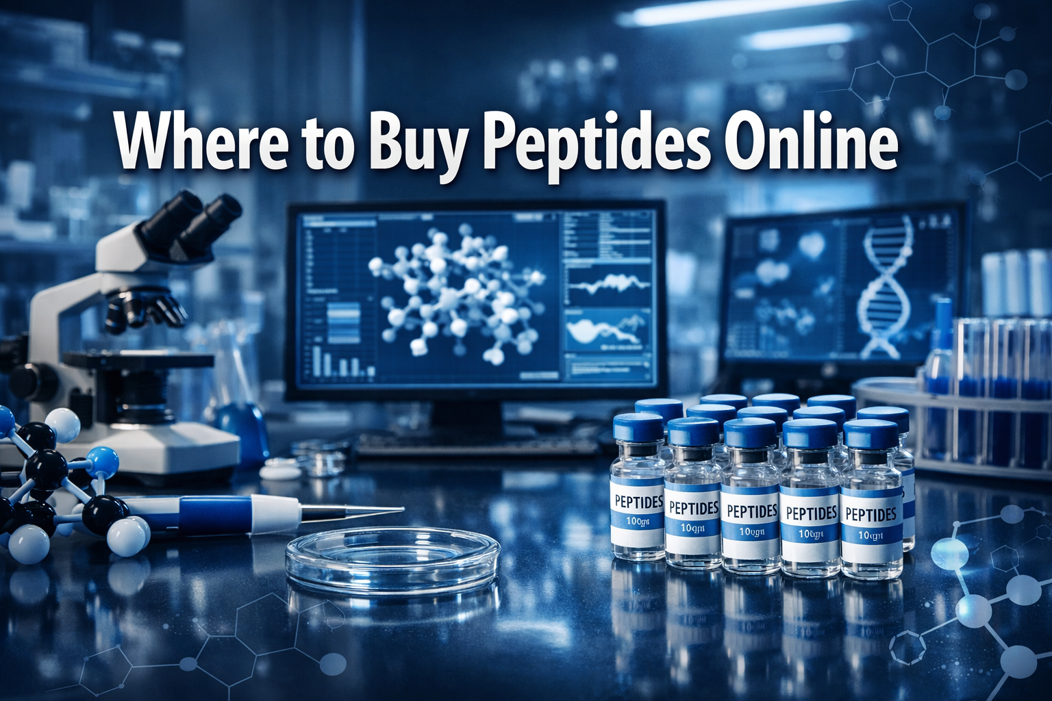 Professional landscape hero image (1536x1024) featuring bold text overlay 'Where to Buy Peptides Online' in extra large 72pt white sans-seri