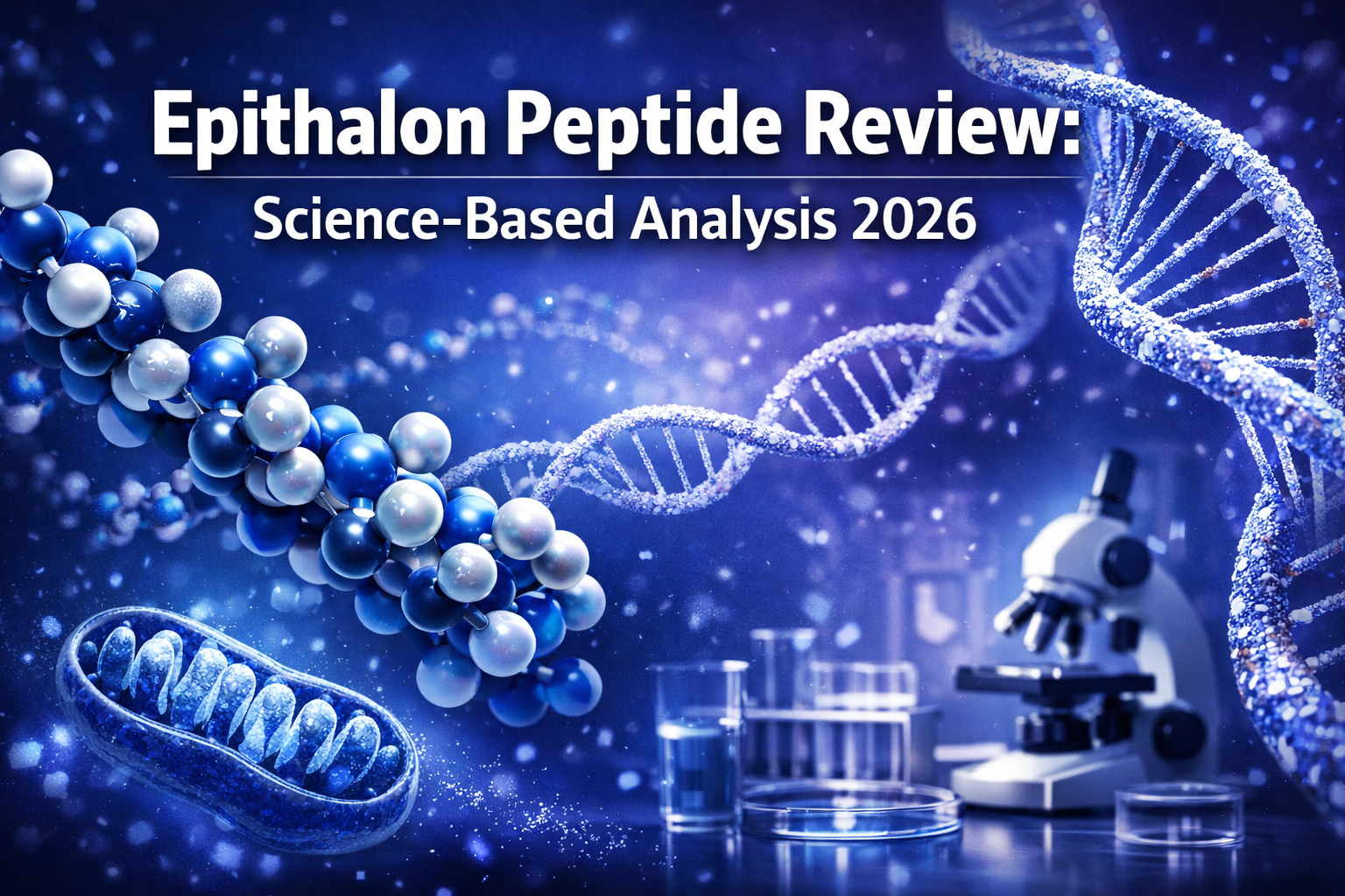 Professional landscape format (1536x1024) hero image with bold text overlay 'Epithalon Peptide Review: Science-Based Analysis 2026' in extra