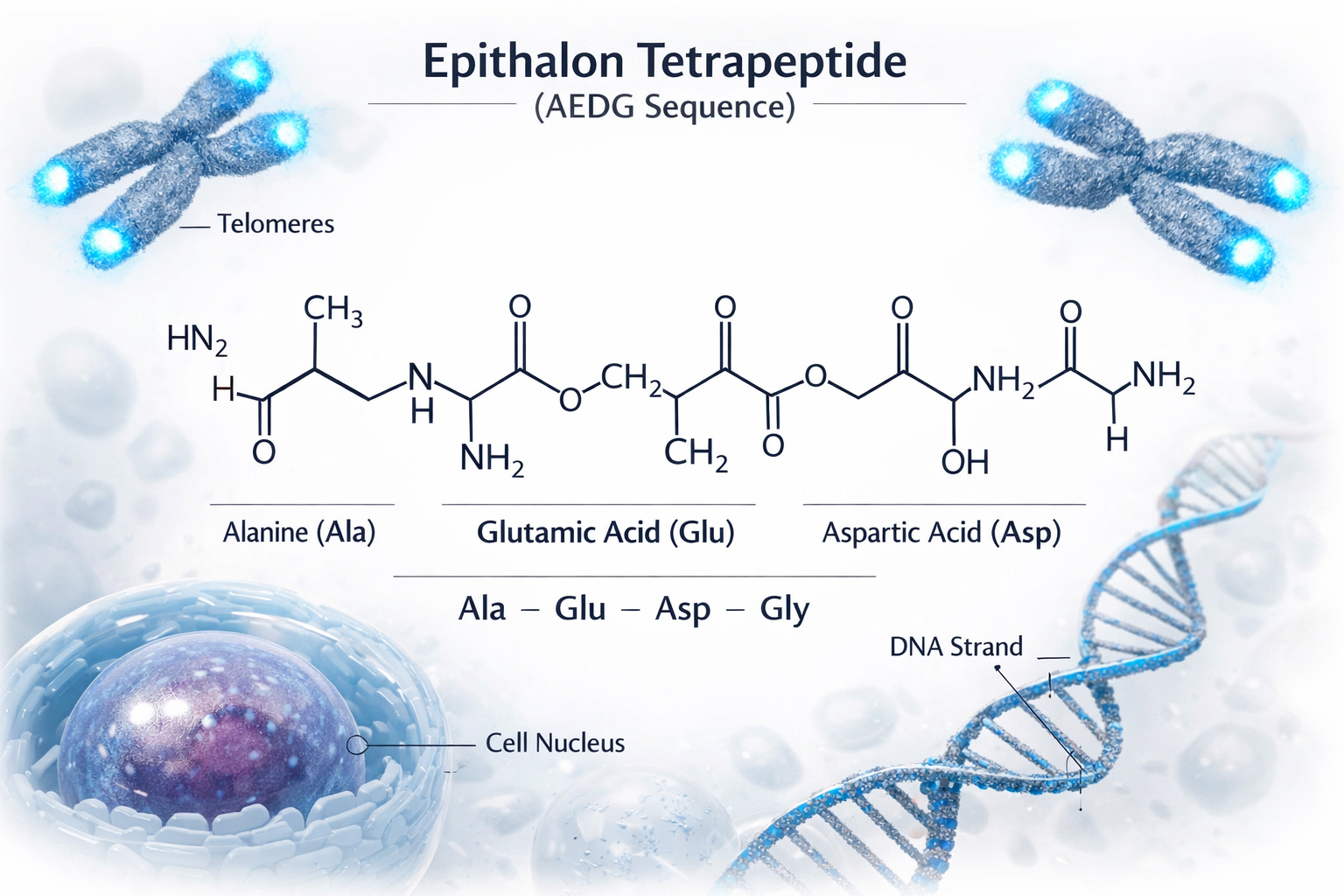 Detailed landscape format (1536x1024) scientific illustration showing epithalon tetrapeptide molecular structure (AEDG sequence) with amino 