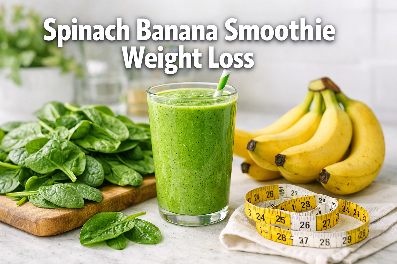 Professional landscape hero image (1536x1024) featuring bold text overlay 'Spinach Banana Smoothie Weight Loss' in extra large 70pt white sa