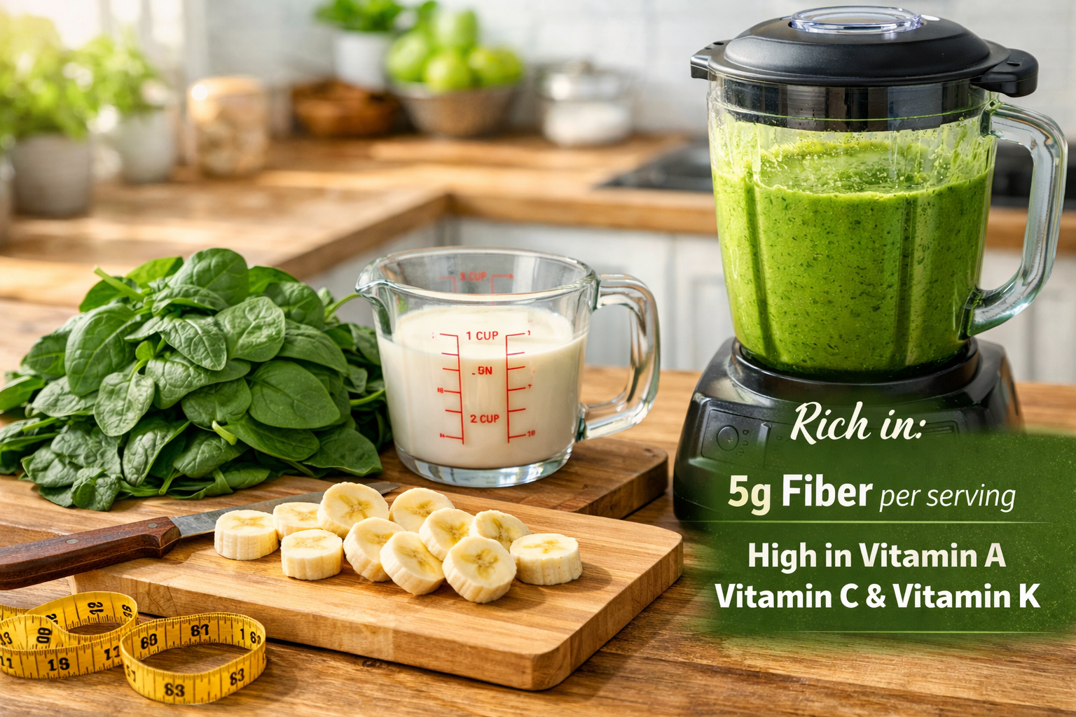 Detailed landscape image (1536x1024) showing step-by-step smoothie preparation process with fresh spinach leaves in a pile, sliced bananas o