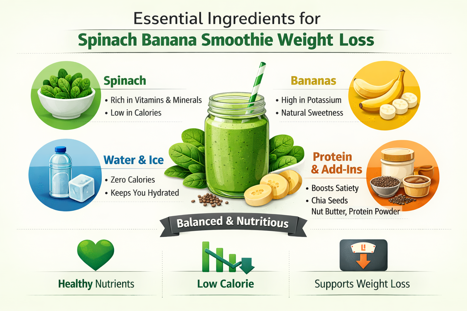 Professional landscape infographic (1536x1024) for article "The Ultimate Guide to Spinach Banana Smoothie Weight Loss: Simple, Effective, an
