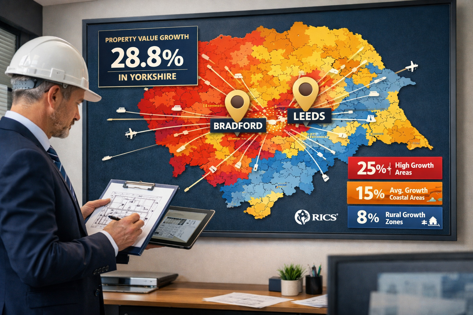 () detailed infographic showing Yorkshire region map with color-coded heat zones indicating property value growth
