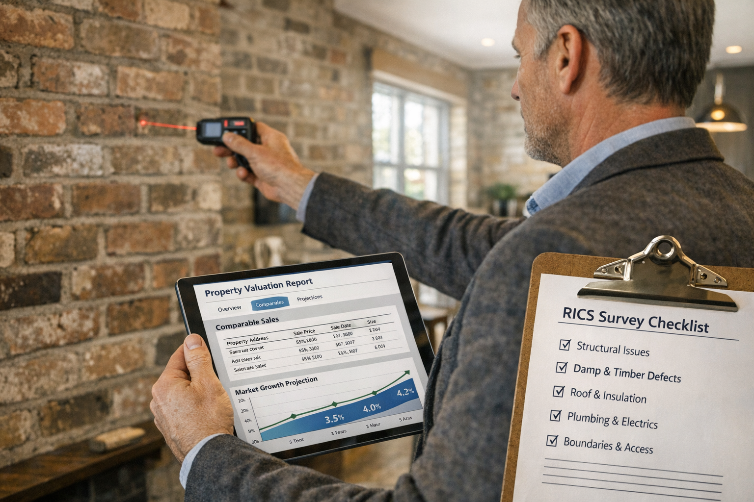 () professional scene showing chartered surveyor conducting property inspection inside renovated Yorkshire terrace home,