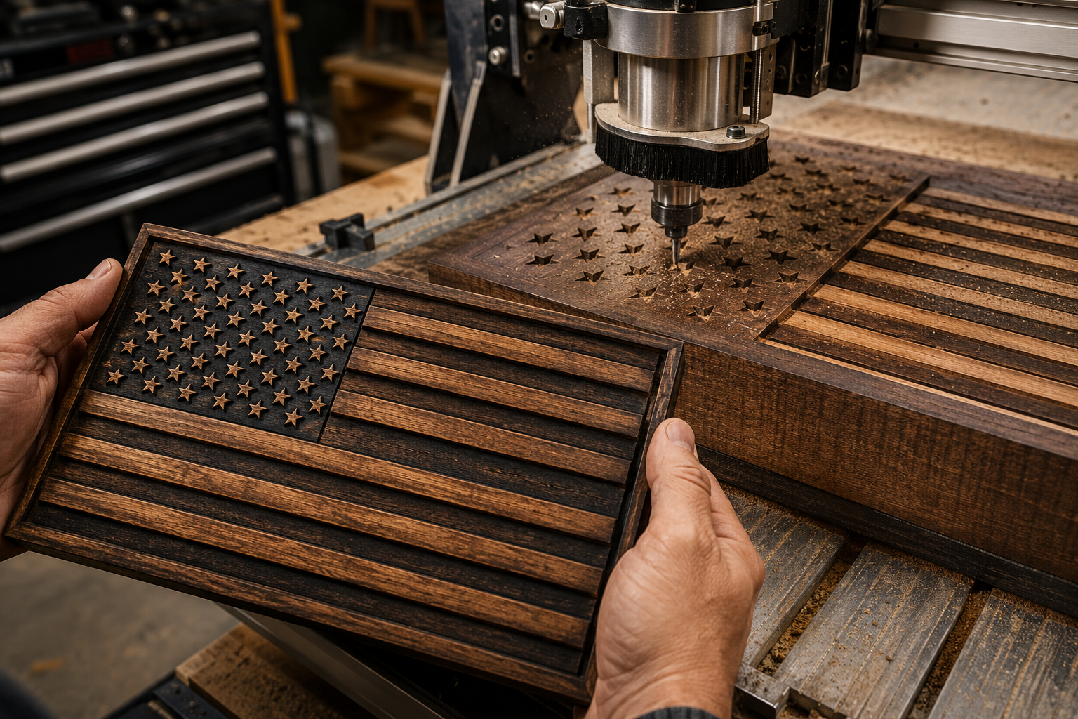 The Allure of Engraved American Flags in Wood: Patriotic Profits with Router and Laser Techniques