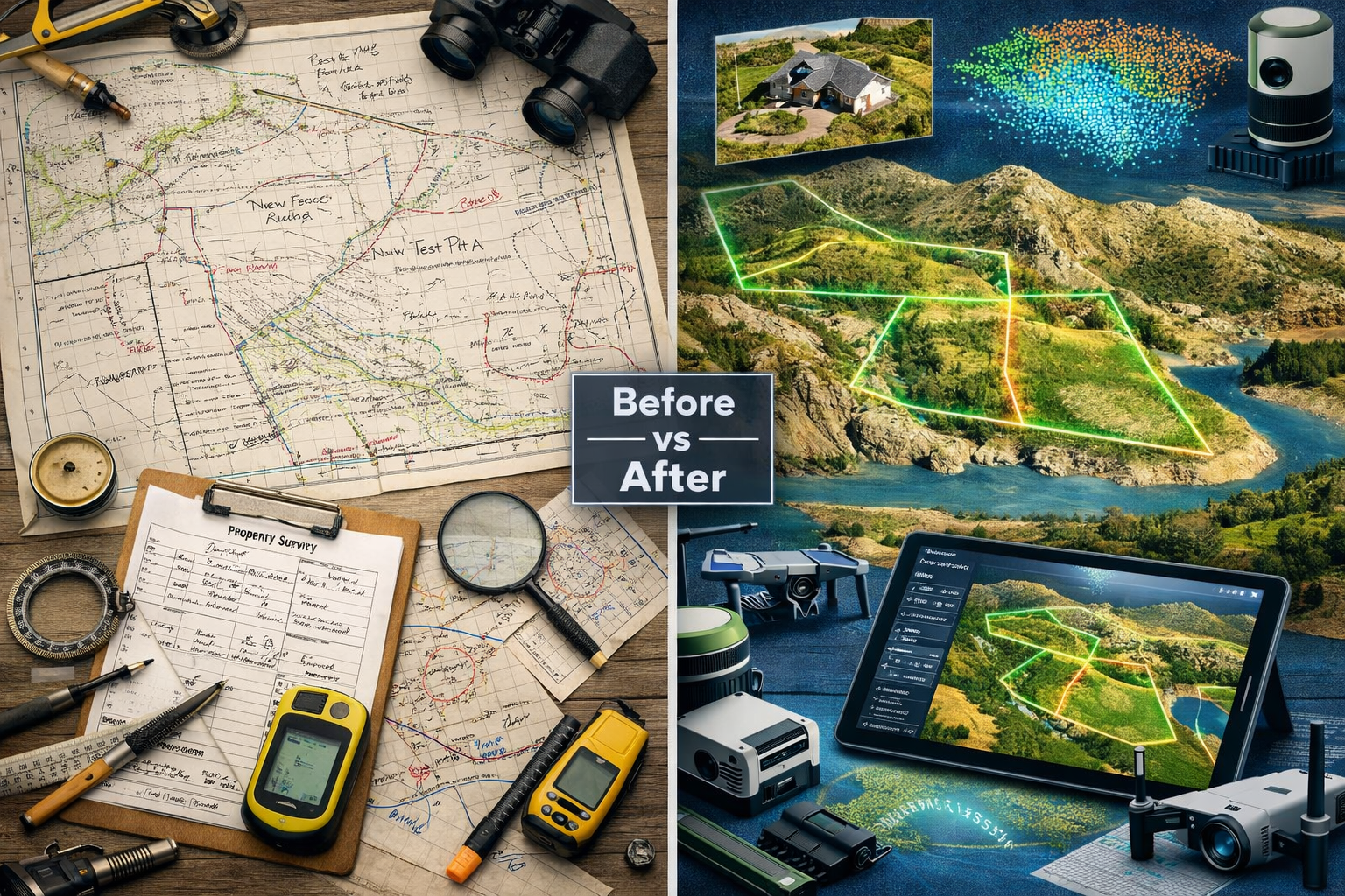 Landscape format (1536x1024) split-screen comparison showing traditional paper survey maps with manual annotations on left side versus moder