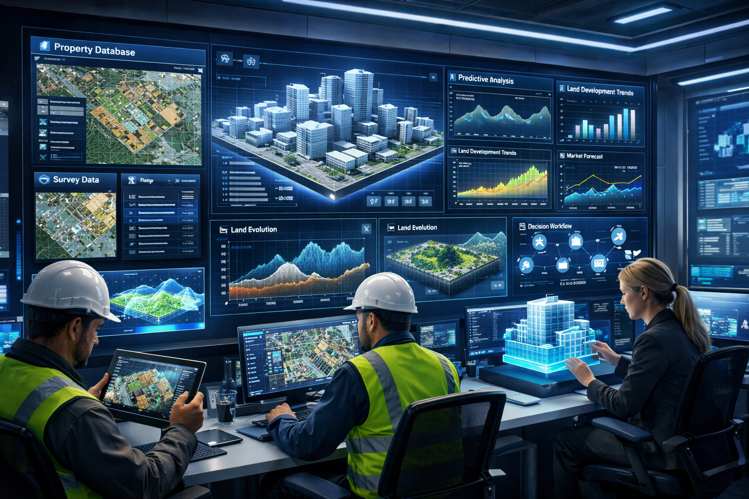 Landscape format (1536x1024) futuristic surveying command center showing large wall-mounted displays with cloud-based GIS platform interface