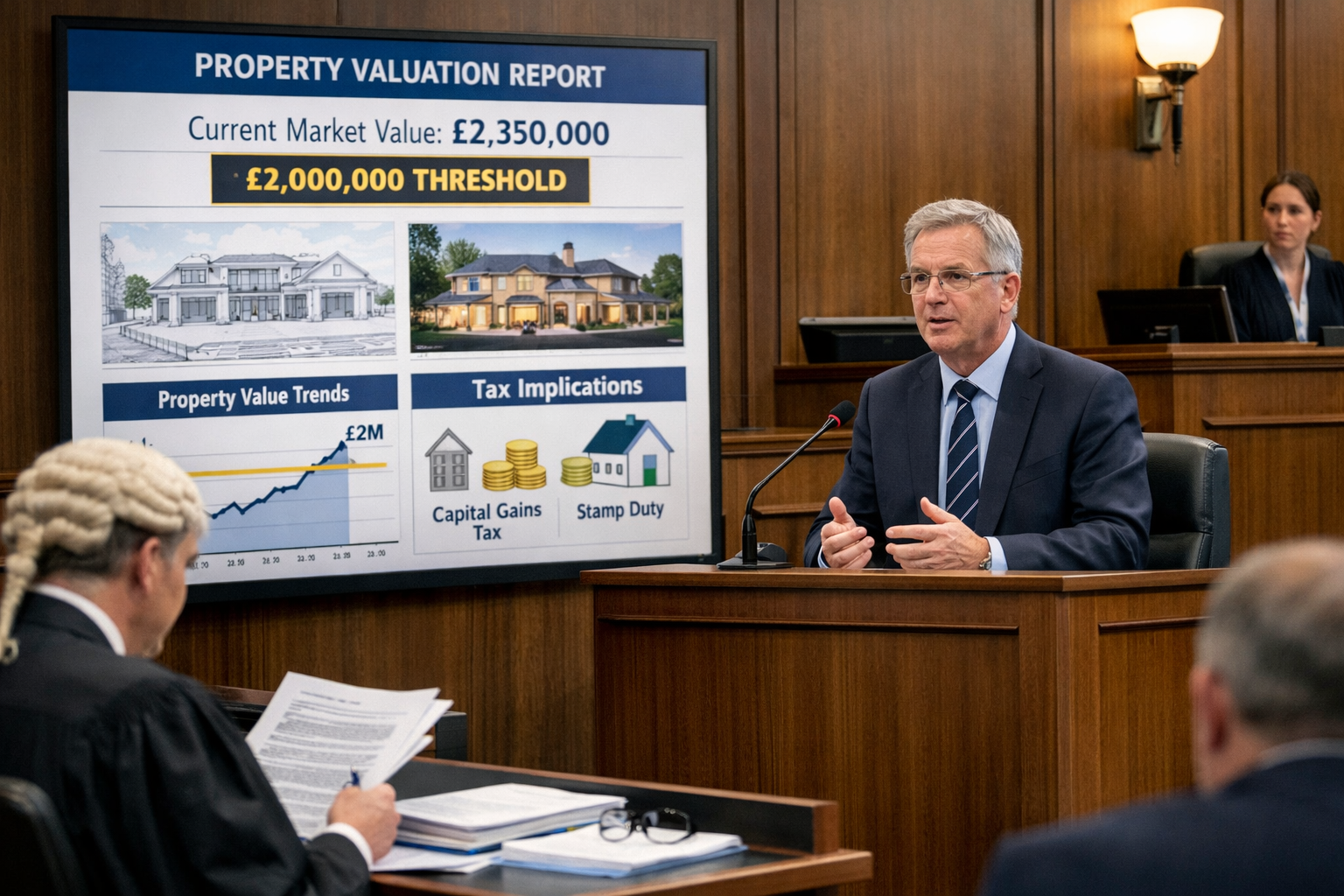 Detailed () image showing professional courtroom scene with expert witness testifying, large display screen showing property