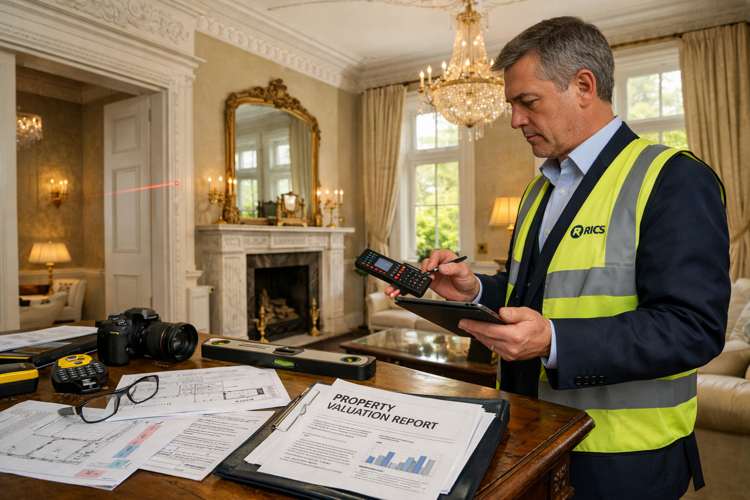 Detailed () image showing professional chartered surveyor conducting high-value property inspection, luxury London property