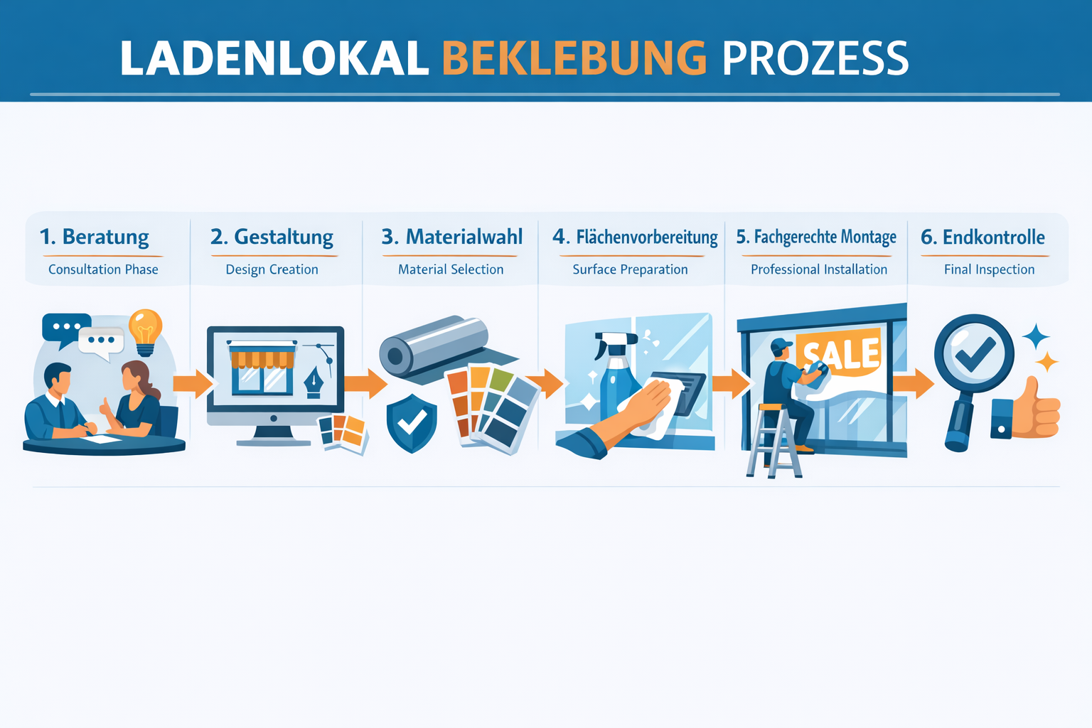 Detailed landscape format (1536x1024) infographic showing step-by-step ladenlokal beklebung process. Visual timeline with numbered steps 1-6