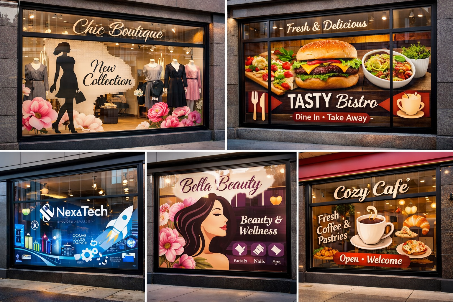 Landscape format (1536x1024) image showcasing various ladenlokal beklebung applications across different business types. Collage-style compo