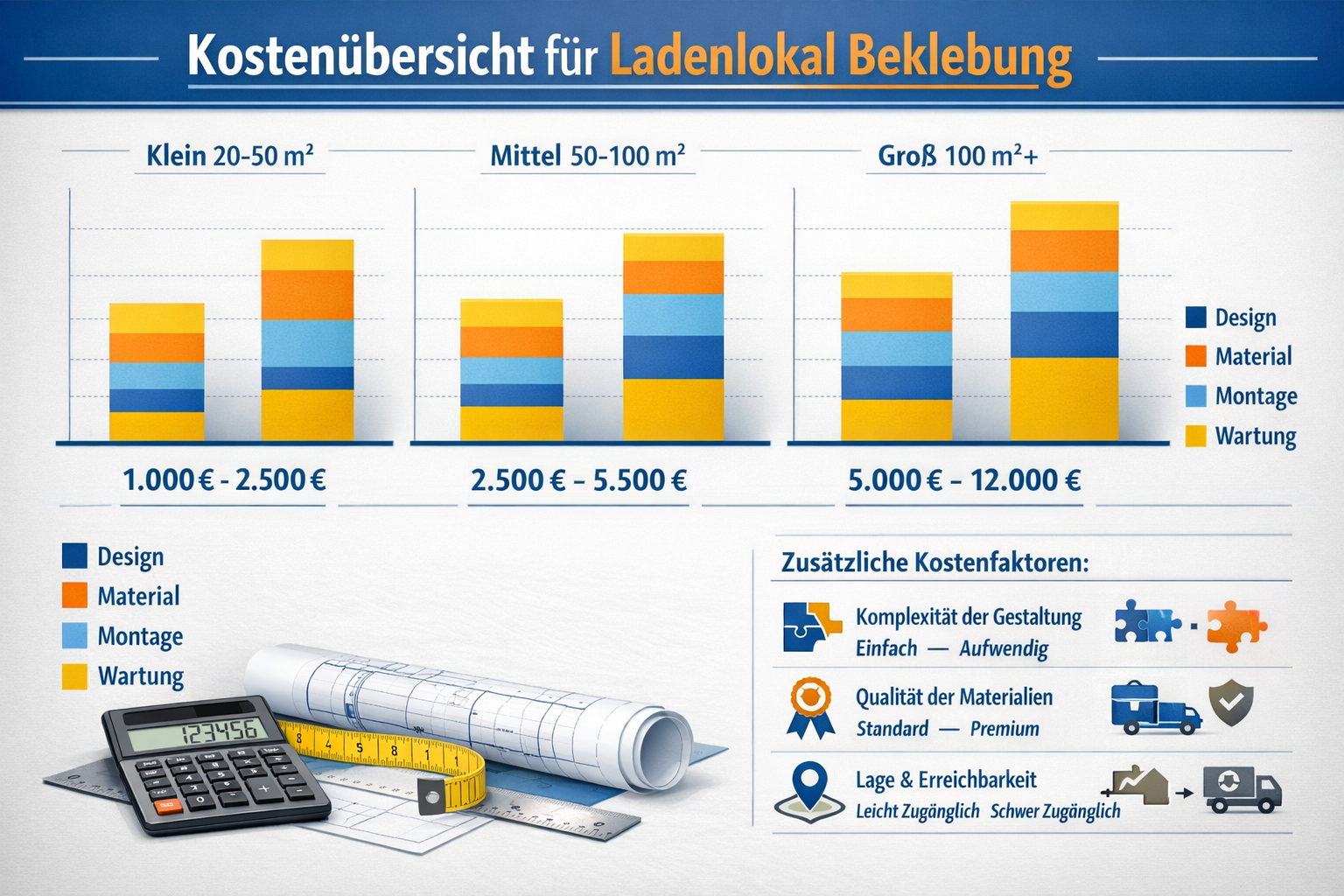 Landscape format (1536x1024) detailed cost breakdown infographic for ladenlokal beklebung projects. Professional chart showing price ranges 