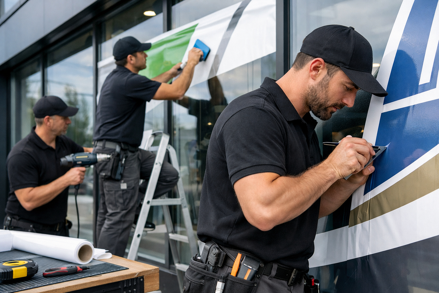 Landscape format (1536x1024) image showing professional ladenlokal beklebung installation team at work. Skilled technicians applying high-qu