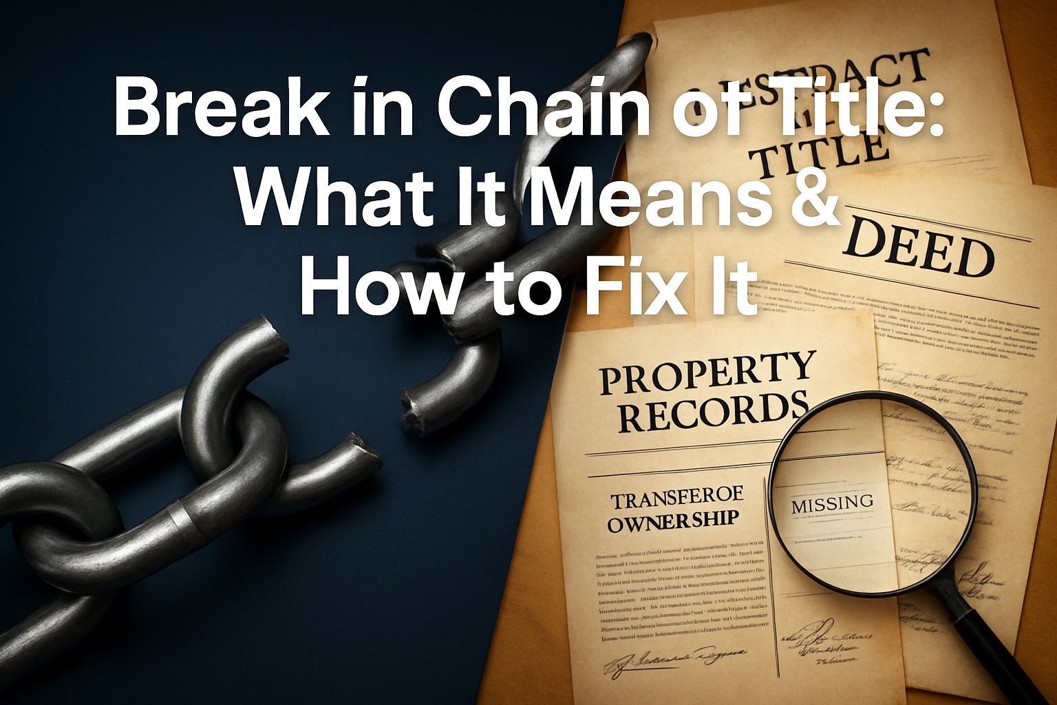 Professional landscape hero image (1536x1024) featuring bold text overlay 'Break in Chain of Title: What It Means & How to Fix It' in extra 
