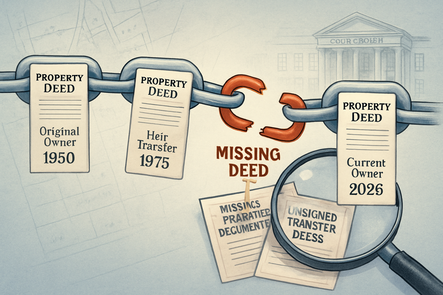 Detailed editorial landscape image (1536x1024) showing a visual timeline infographic of property ownership chain from 1950 to 2025, displaye