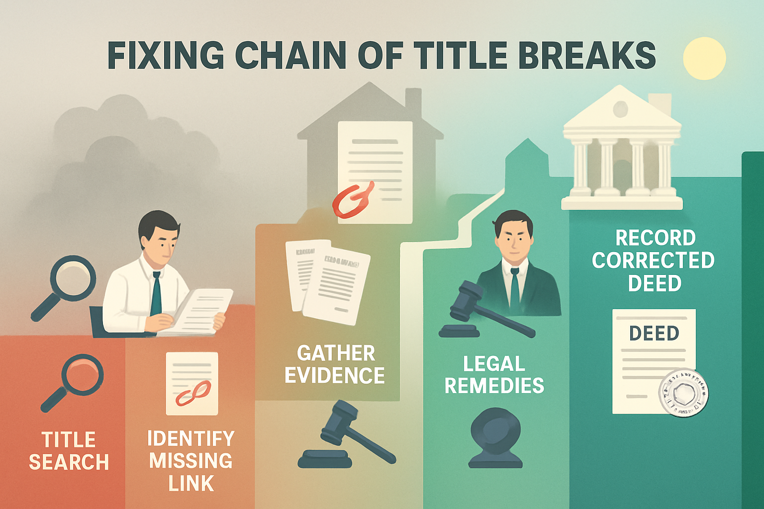 Professional landscape image (1536x1024) depicting a step-by-step visual flowchart for fixing chain of title breaks, designed as an ascendin