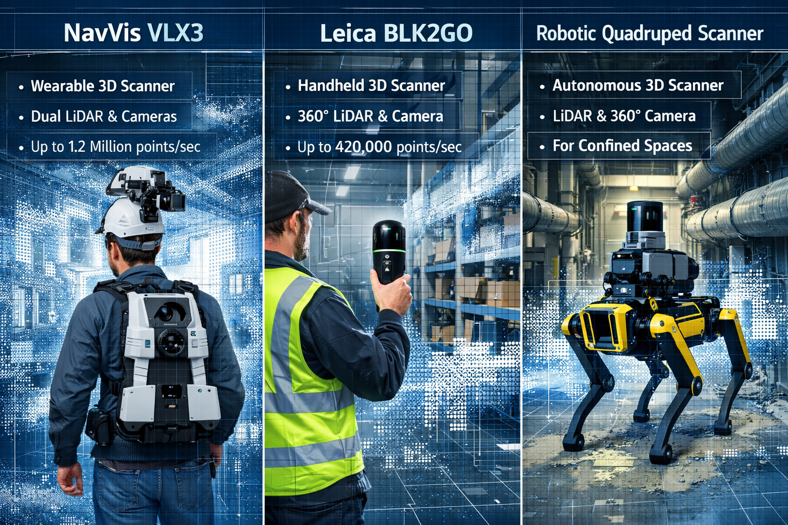 Detailed landscape format (1536x1024) image showing side-by-side comparison of three mobile 3D mapping technologies: left panel displays Nav