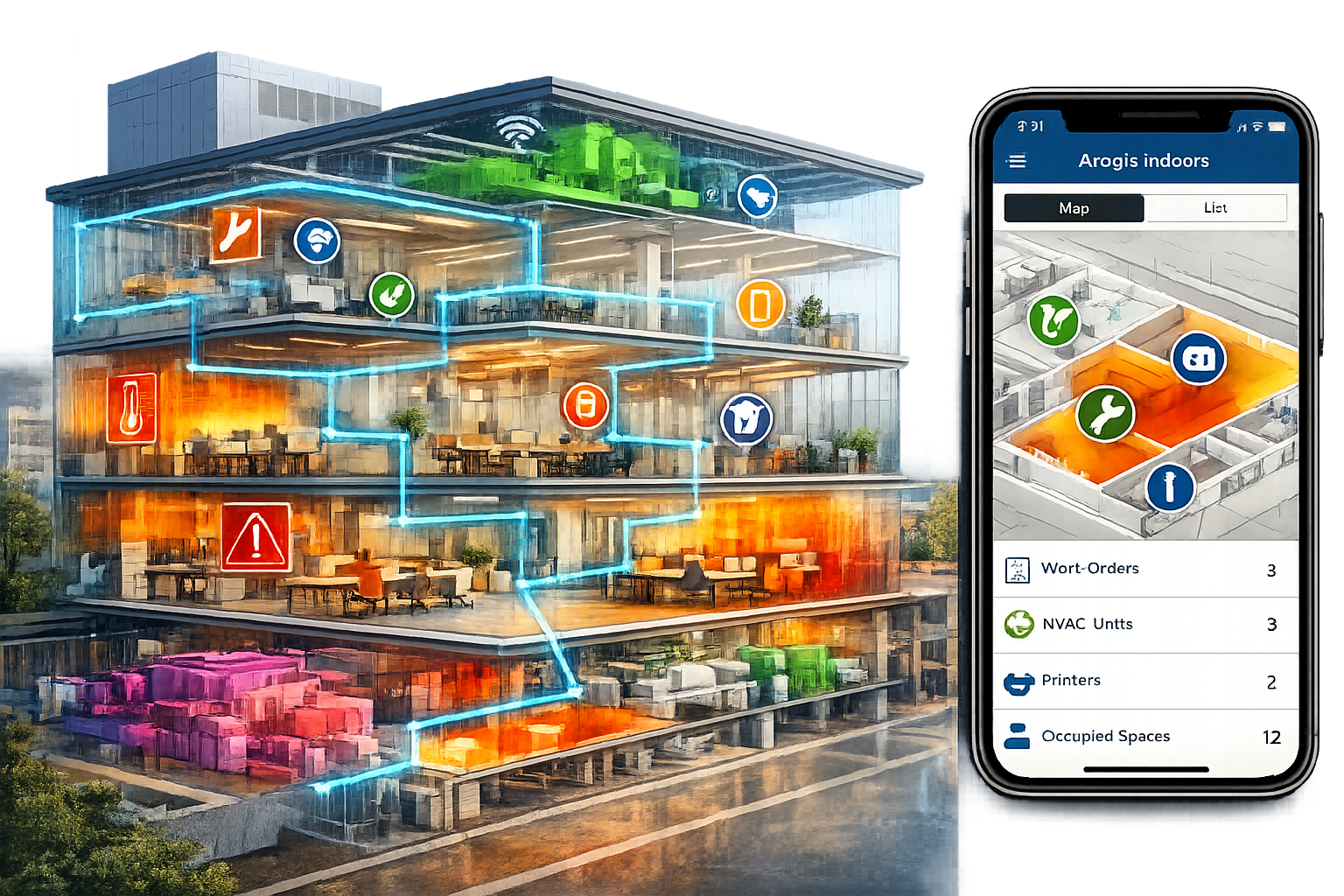 Detailed landscape format (1536x1024) cutaway architectural visualization showing multi-story commercial building with transparent walls rev