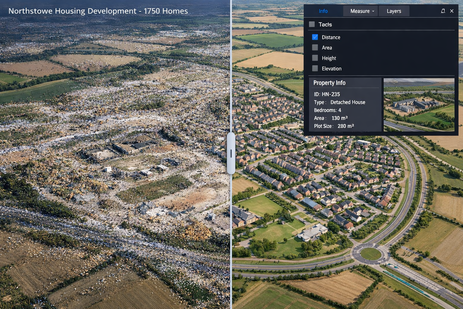 Detailed landscape format (1536x1024) aerial view of Northstowe housing development showing 1,750 homes arranged in planned community layout