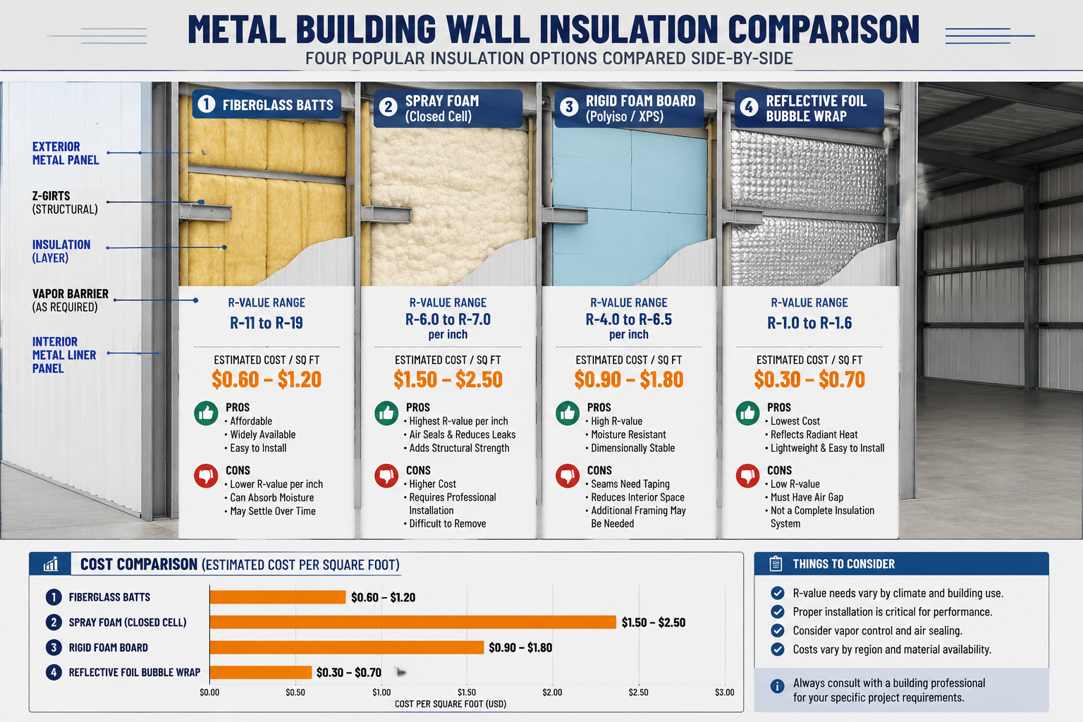 Detailed () infographic-style illustration showing a split-view cross-section of a metal building wall with four insulation