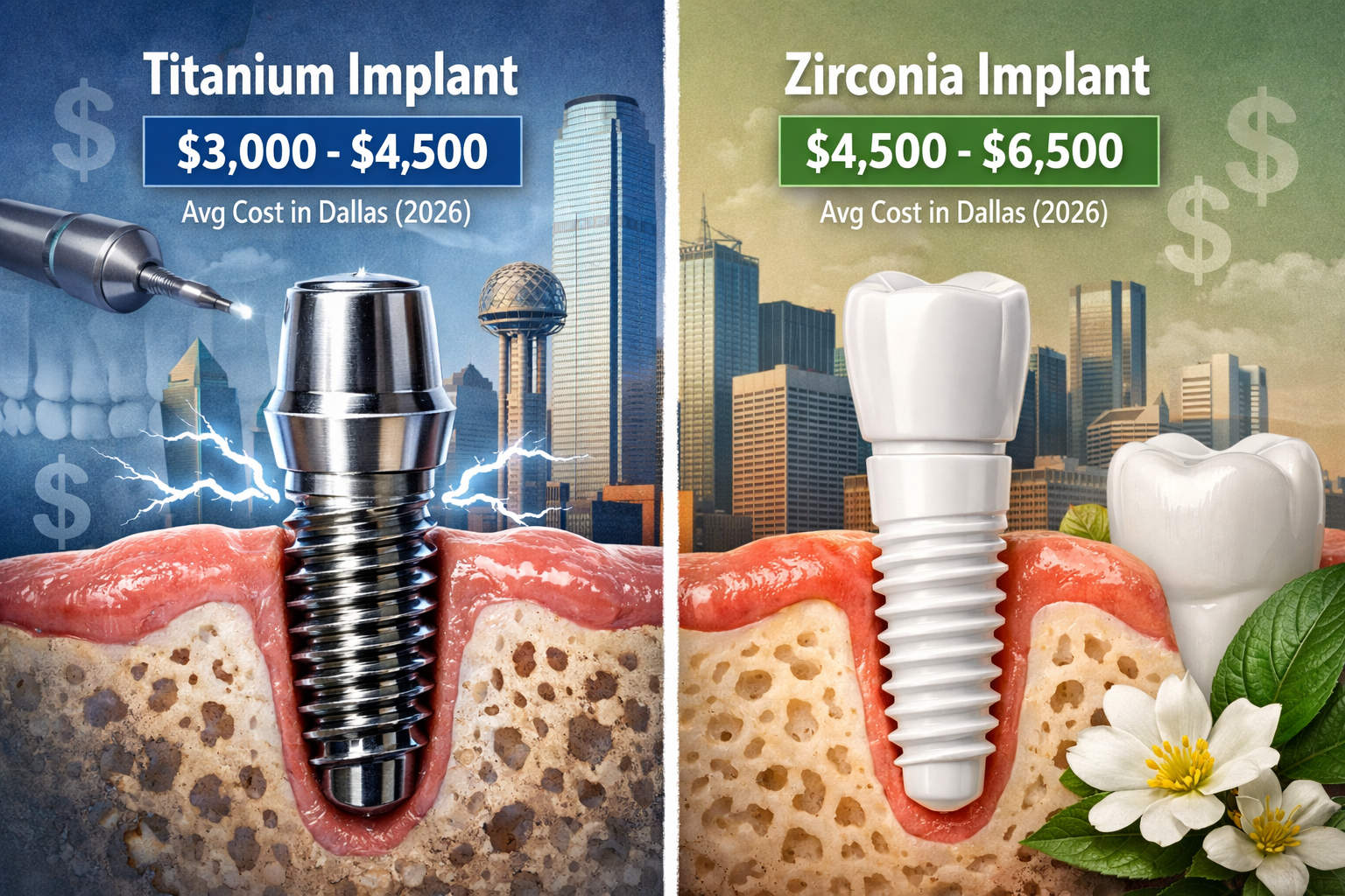 A detailed visual comparison in () showing a split image. On the left, a titanium dental implant post, highly polished and