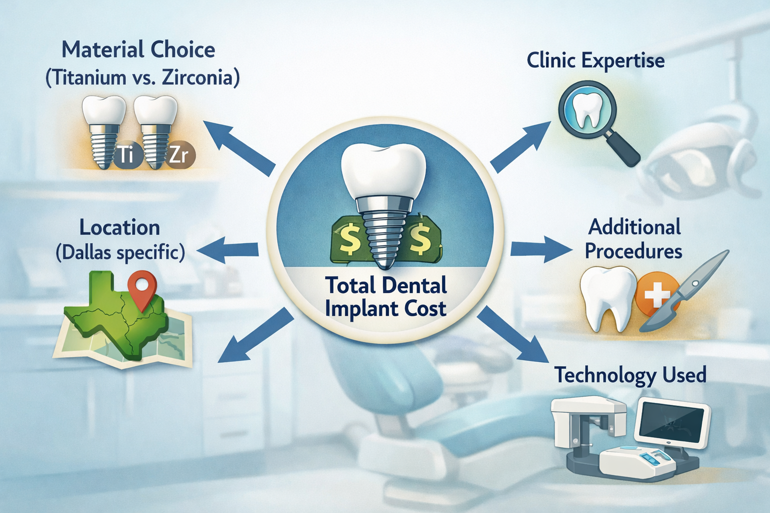 An illustrative () graphic depicting various factors influencing dental implant costs. The central focus is a diagram