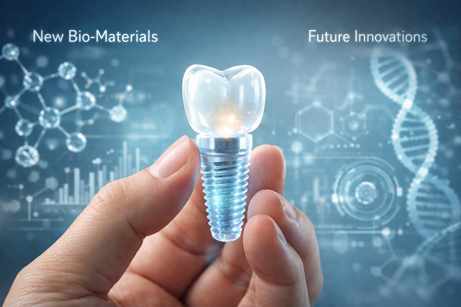 A conceptual () image showcasing the future of dental implant materials. A hand gently holds a translucent, futuristic