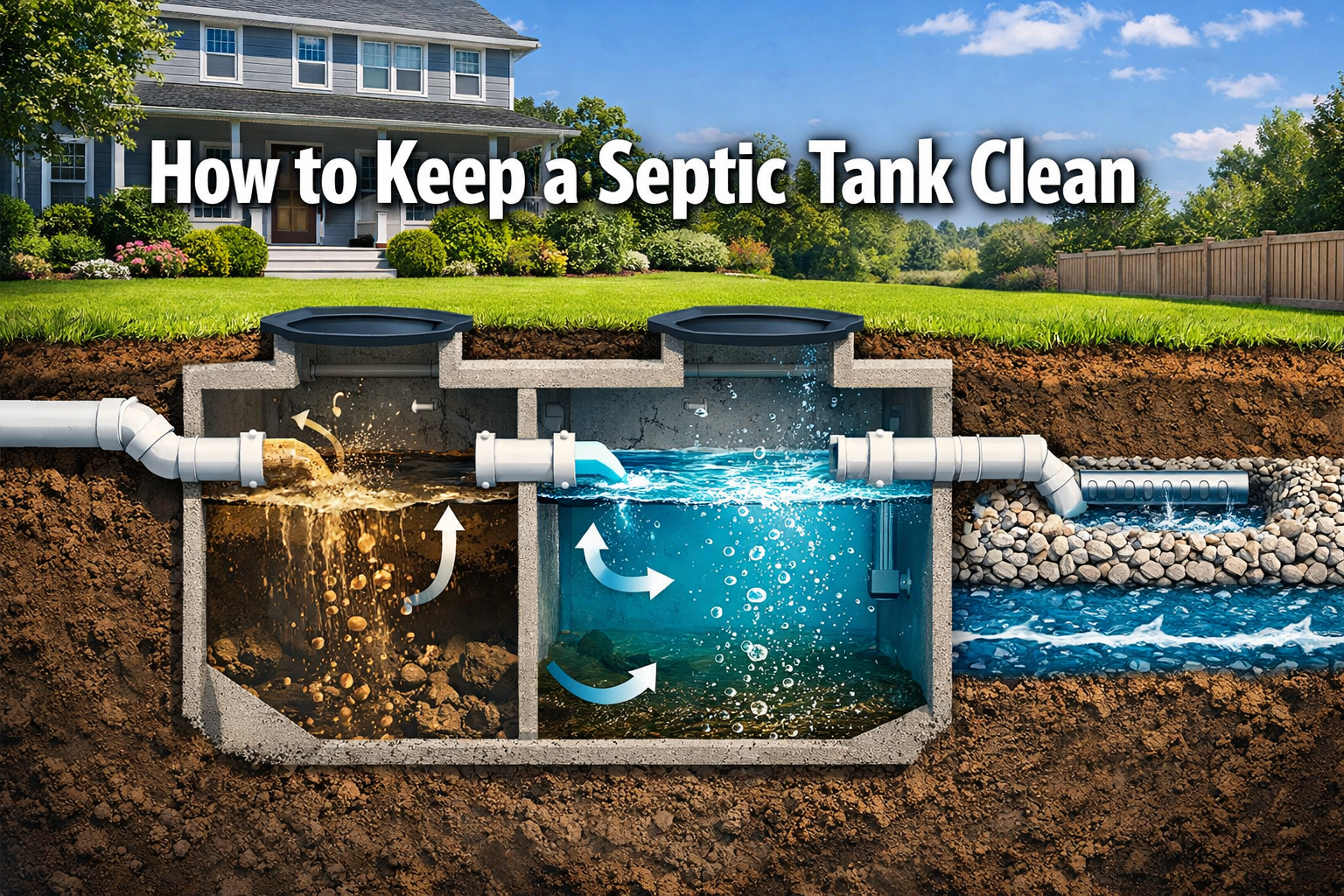 Professional () hero image with 'How to Keep a Septic Tank Clean' in white with dark , centered in upper third. Background