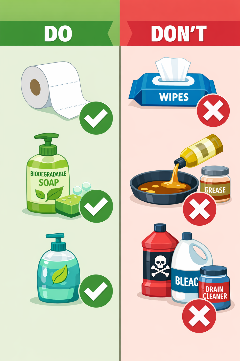 () split-screen comparison showing 'DO' and 'DON'T' items for septic systems. Left side displays safe items like toilet