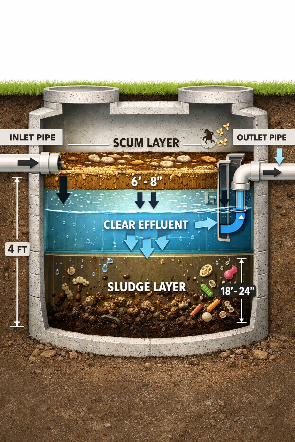 () cross-section diagram of septic tank showing three distinct layers: scum layer at top, clear effluent in middle, and
