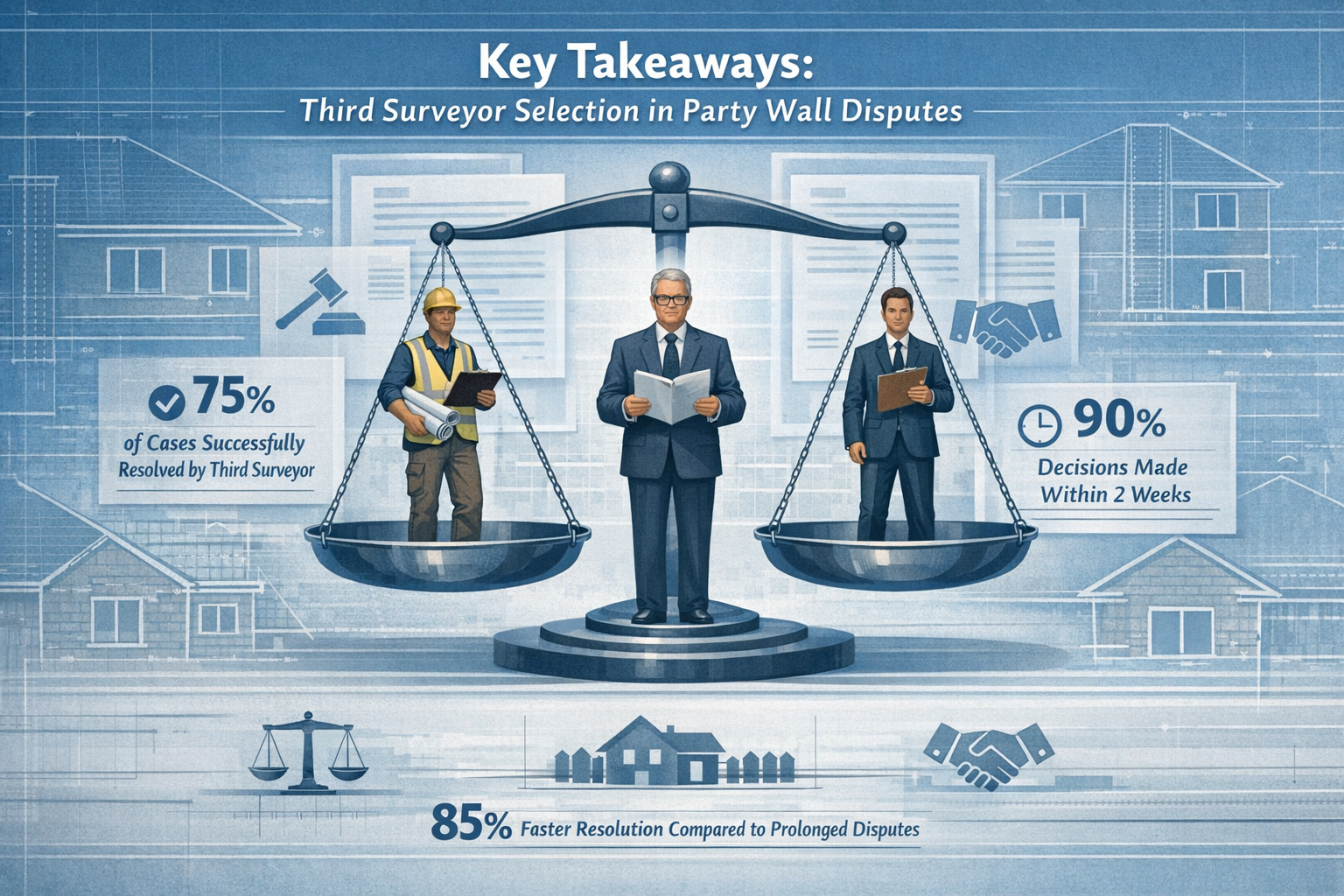 Editorial-style infographic for 'Key Takeaways' section representing Third Surveyor Selection in Party Wall disputes,