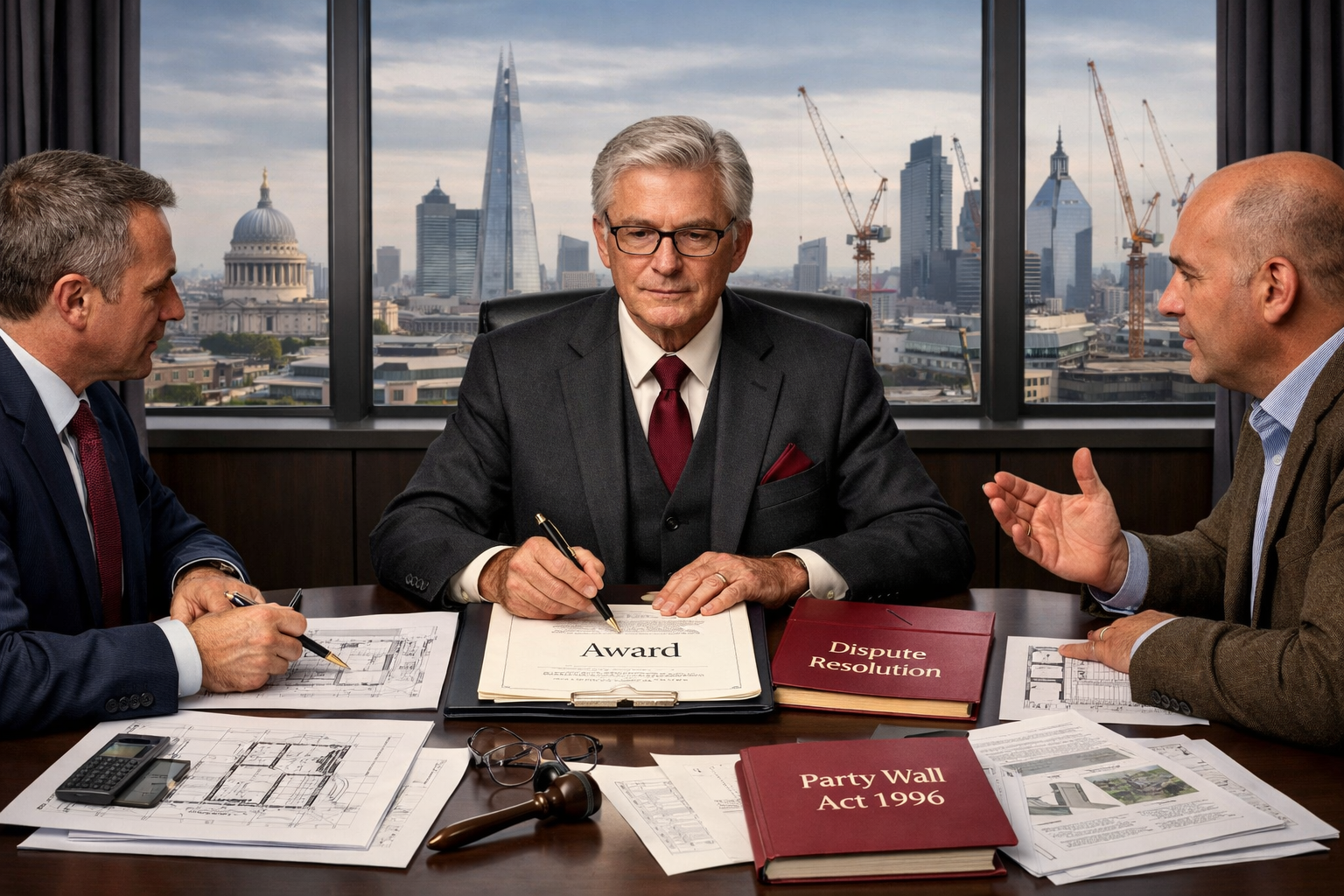 Detailed () image depicting a formal meeting scene where a distinguished third surveyor in professional attire sits at the