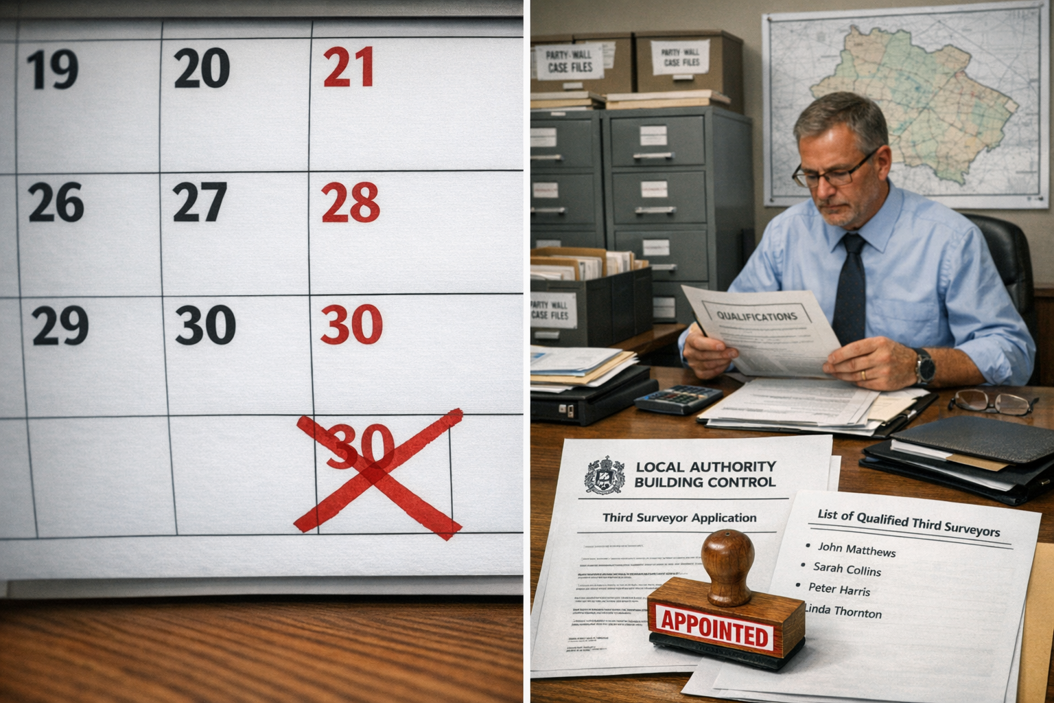 Detailed () image showing a split-screen composition: left side displays a calendar with a 10-day countdown marked in red