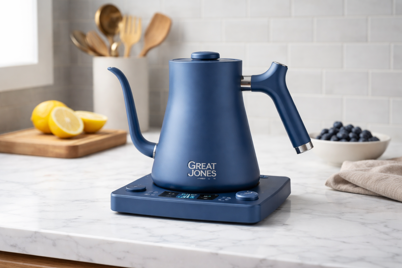 Great Jones x Fellow Kettle professional product photography of Great Jones x Fellow EKG Pro Kettle in Blueberry color on modern kitchen counter