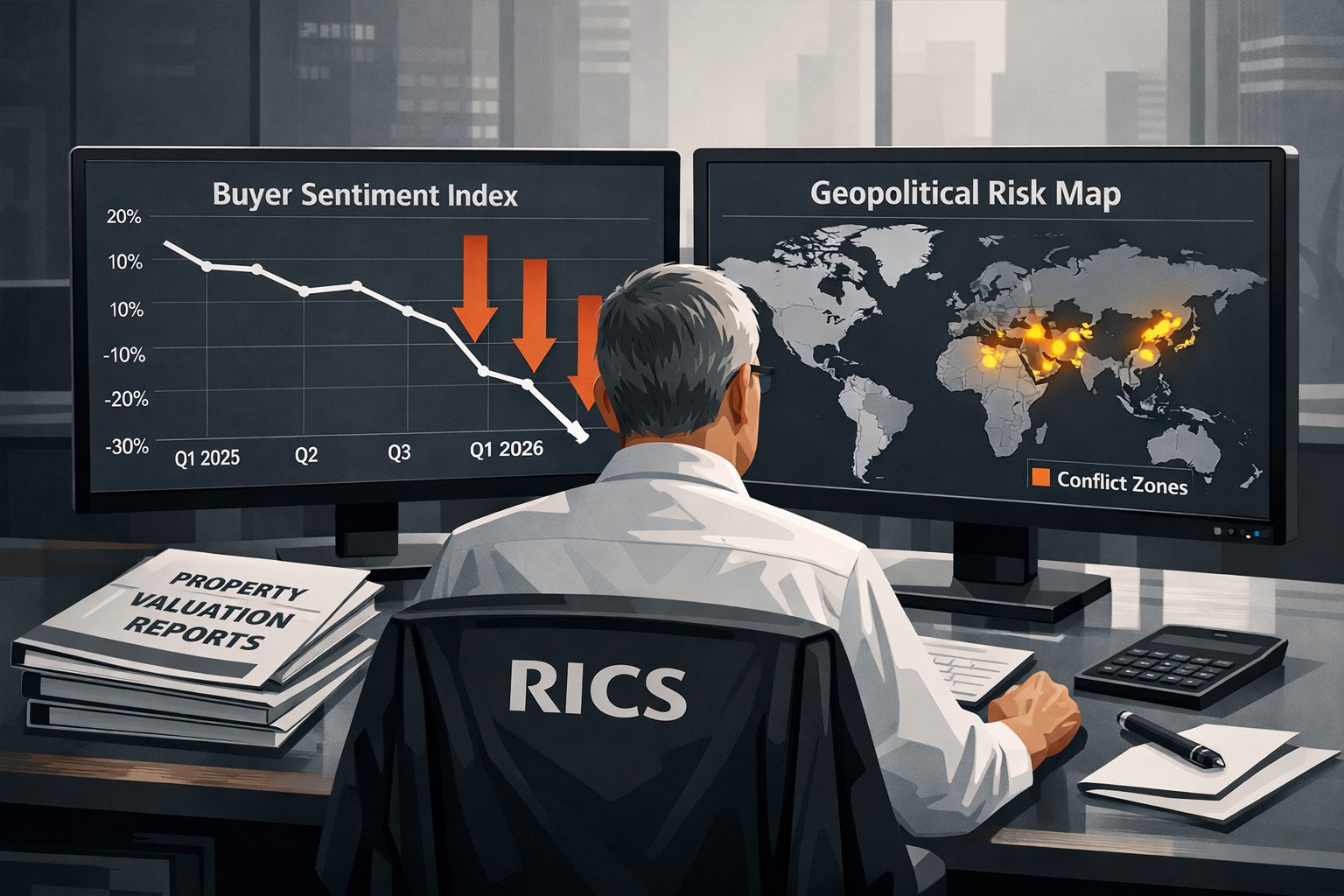 Detailed () infographic-style illustration showing a RICS surveyor at a desk reviewing dual screens: one displaying a
