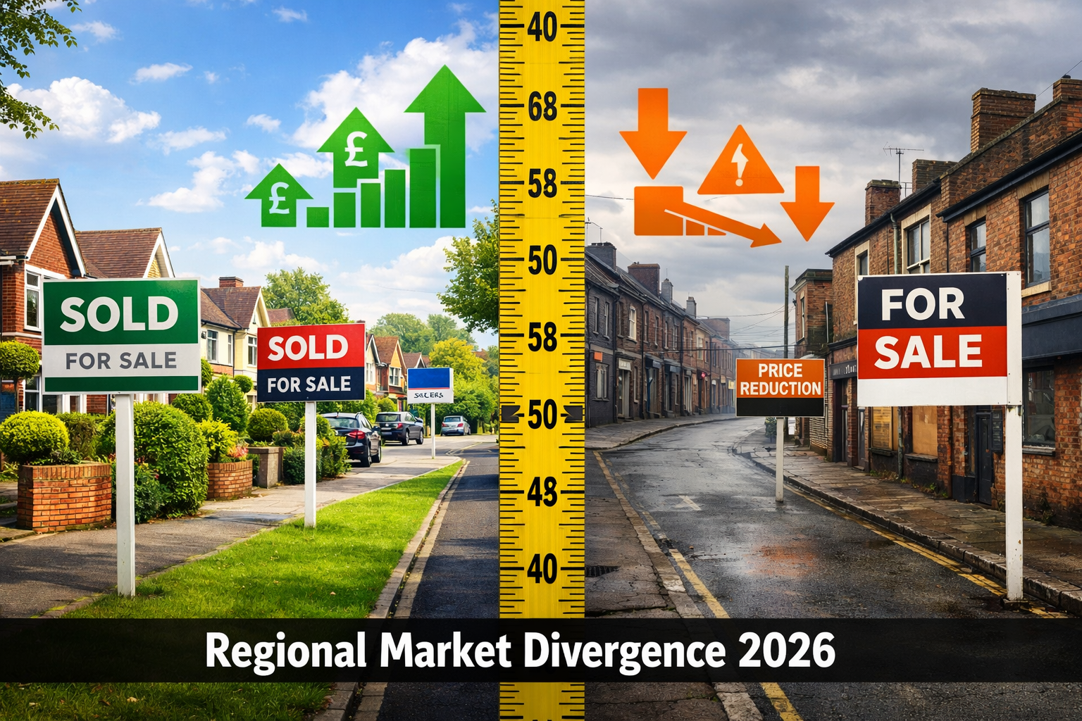 Detailed () split-composition image contrasting two UK regional property markets side by side: left panel shows a thriving