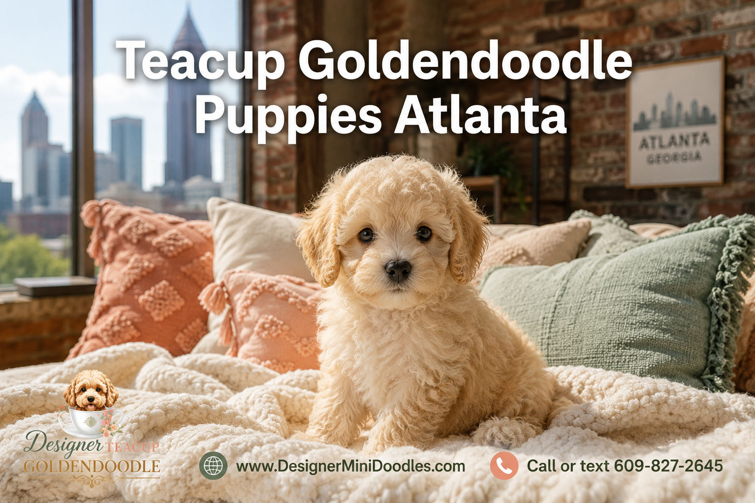 Professional () editorial hero image featuring 'Teacup Goldendoodle Puppies Atlanta' in white with subtle drop , centered