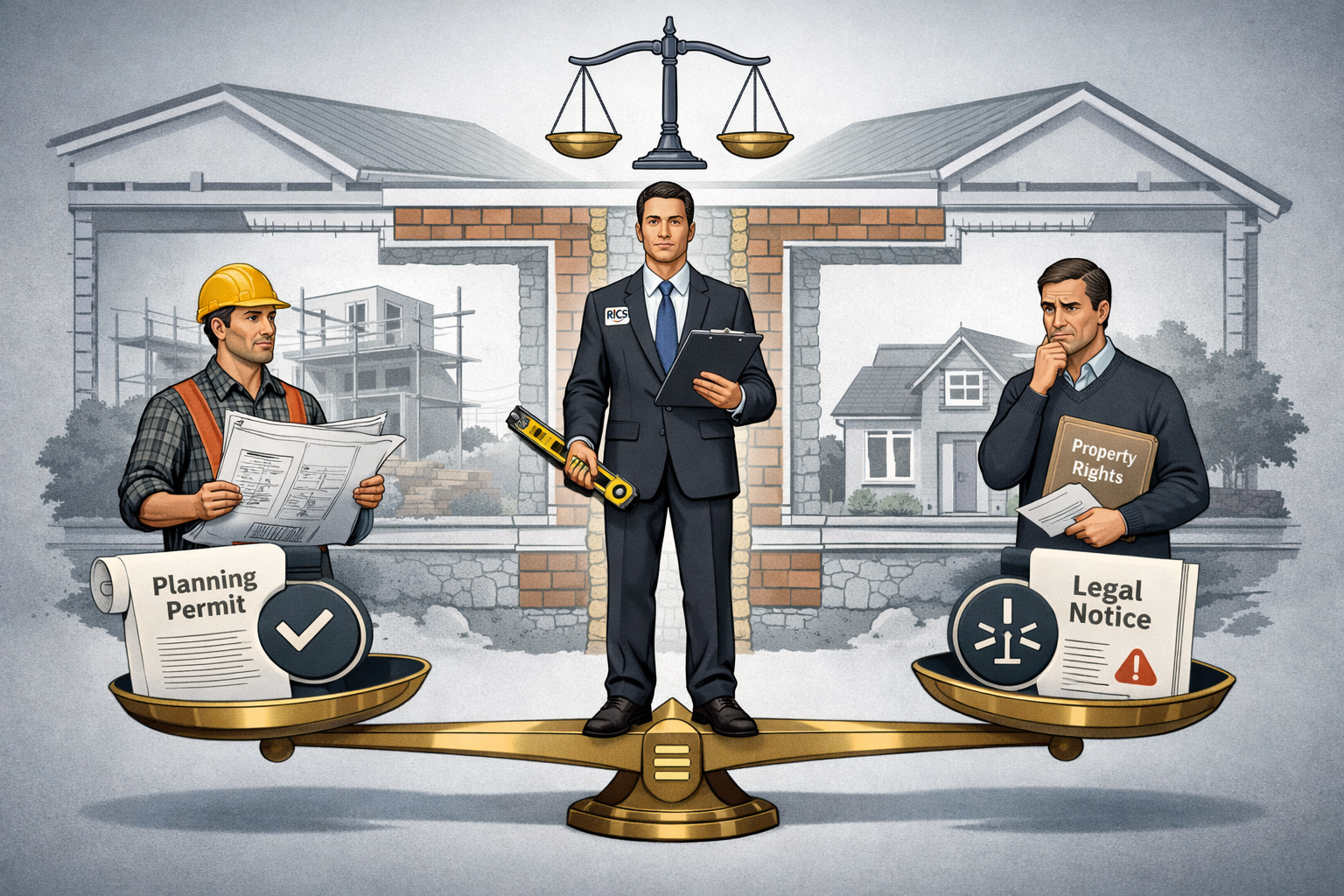 Detailed () concept illustration depicting impartiality in party wall surveying: central figure of professional surveyor in
