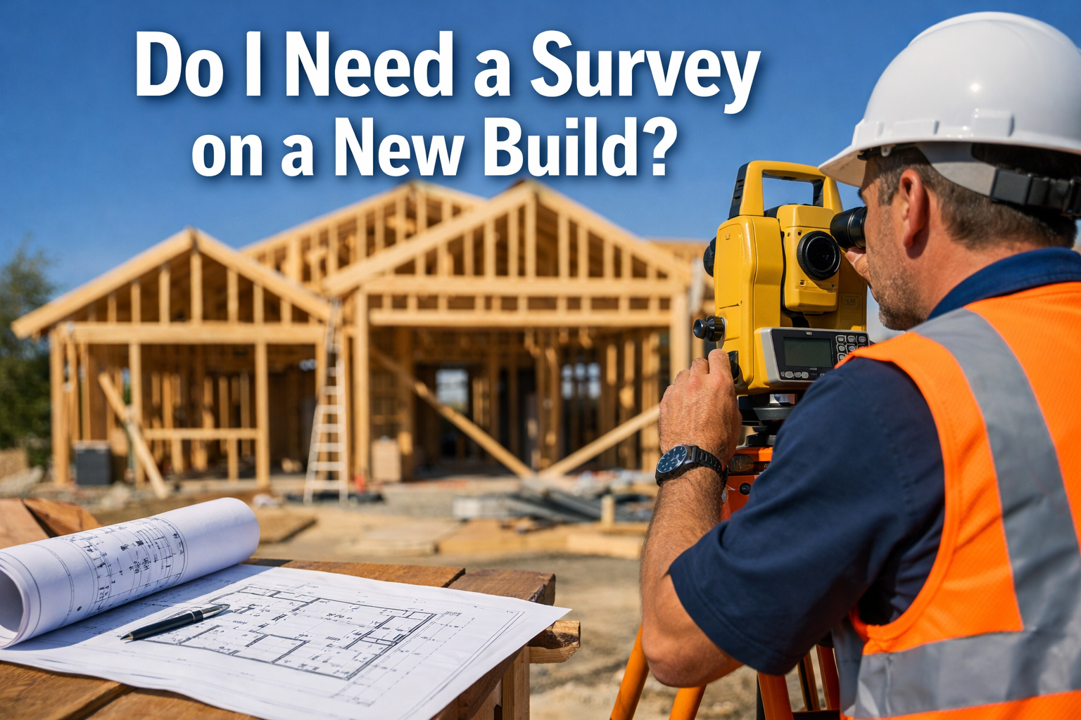 Professional landscape format (1536x1024) hero image featuring bold text overlay 'Do I Need a Survey on a New Build?' in extra large 72pt wh