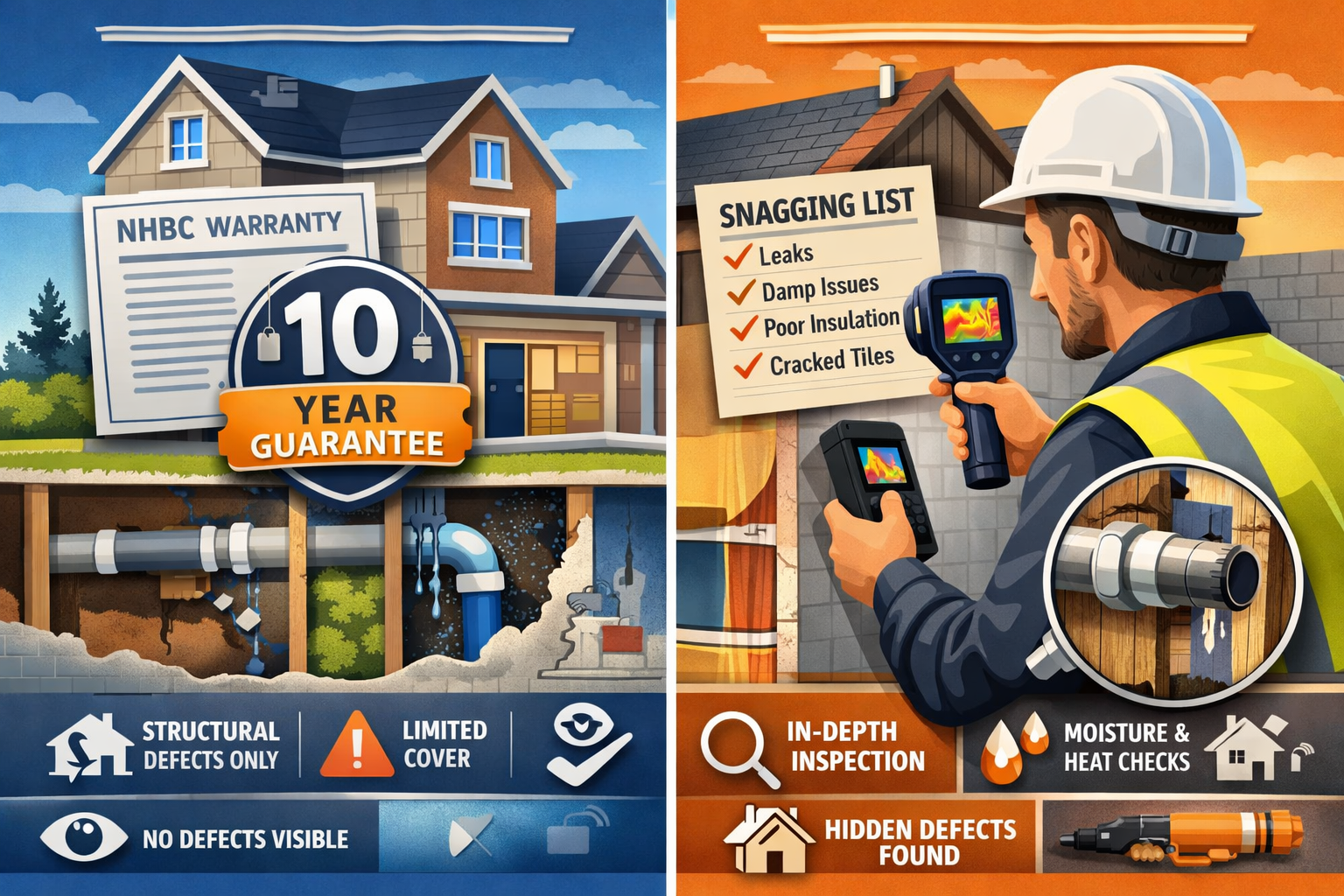 Landscape format (1536x1024) editorial image showing split-screen comparison: left side displays new build home with NHBC warranty certifica