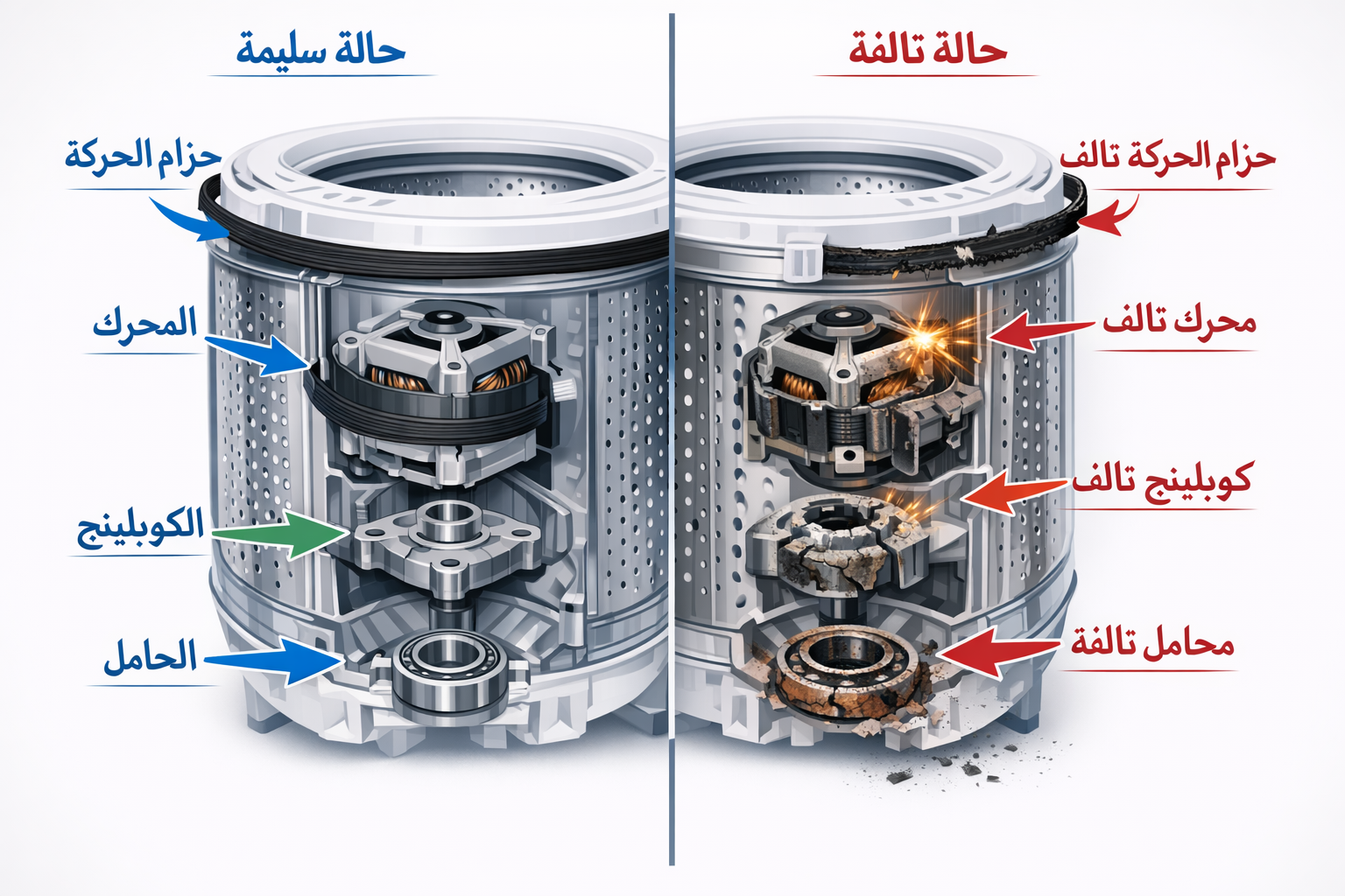 Detailed () showing a split-diagram infographic of a washing machine drum interior with Arabic labels: 'حزام الحركة',