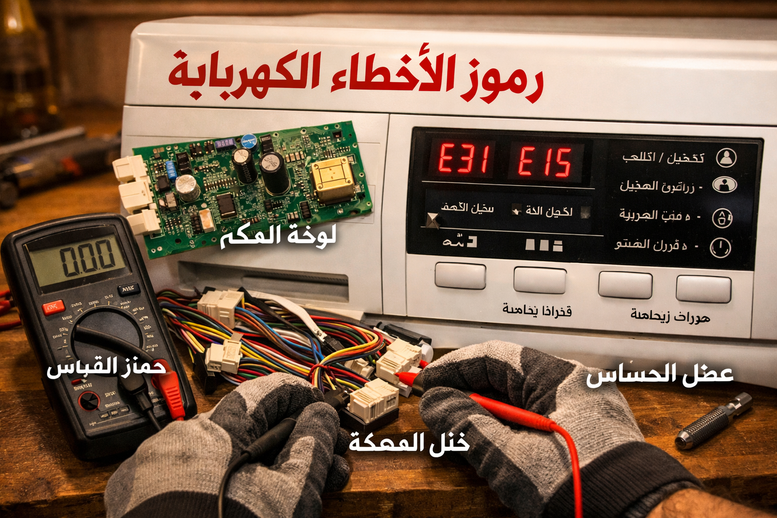 Detailed () showing a close-up top-down view of a washing machine control panel with error codes displayed on digital
