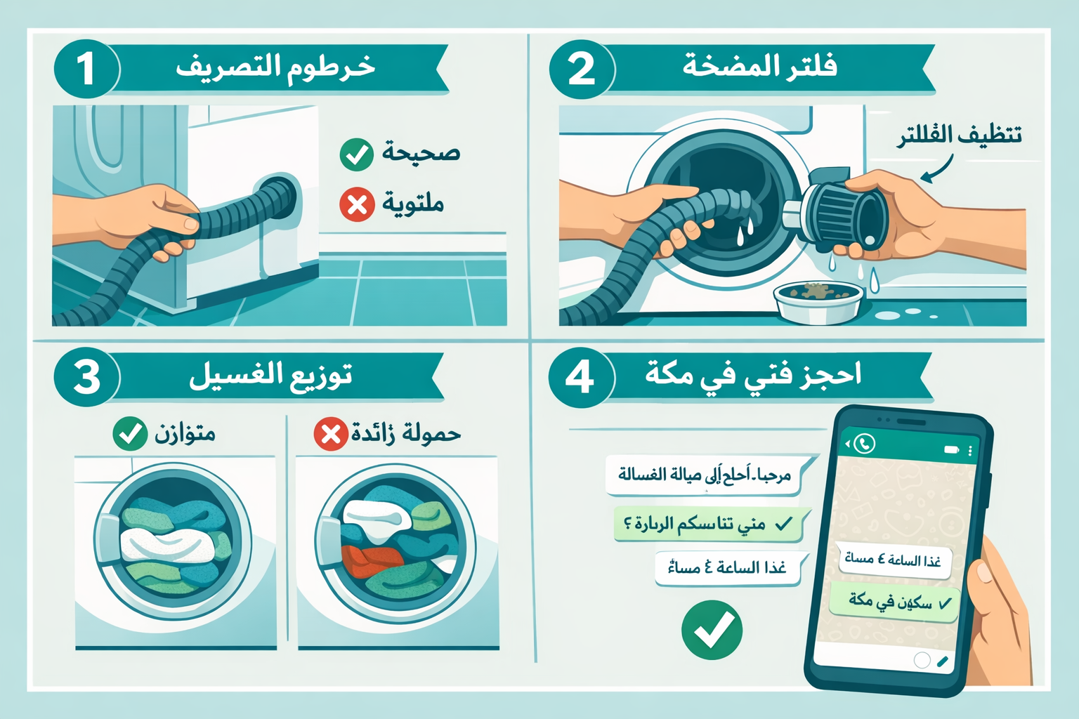 Detailed () showing a step-by-step visual checklist poster layout: four numbered panels showing (1) checking drain hose for