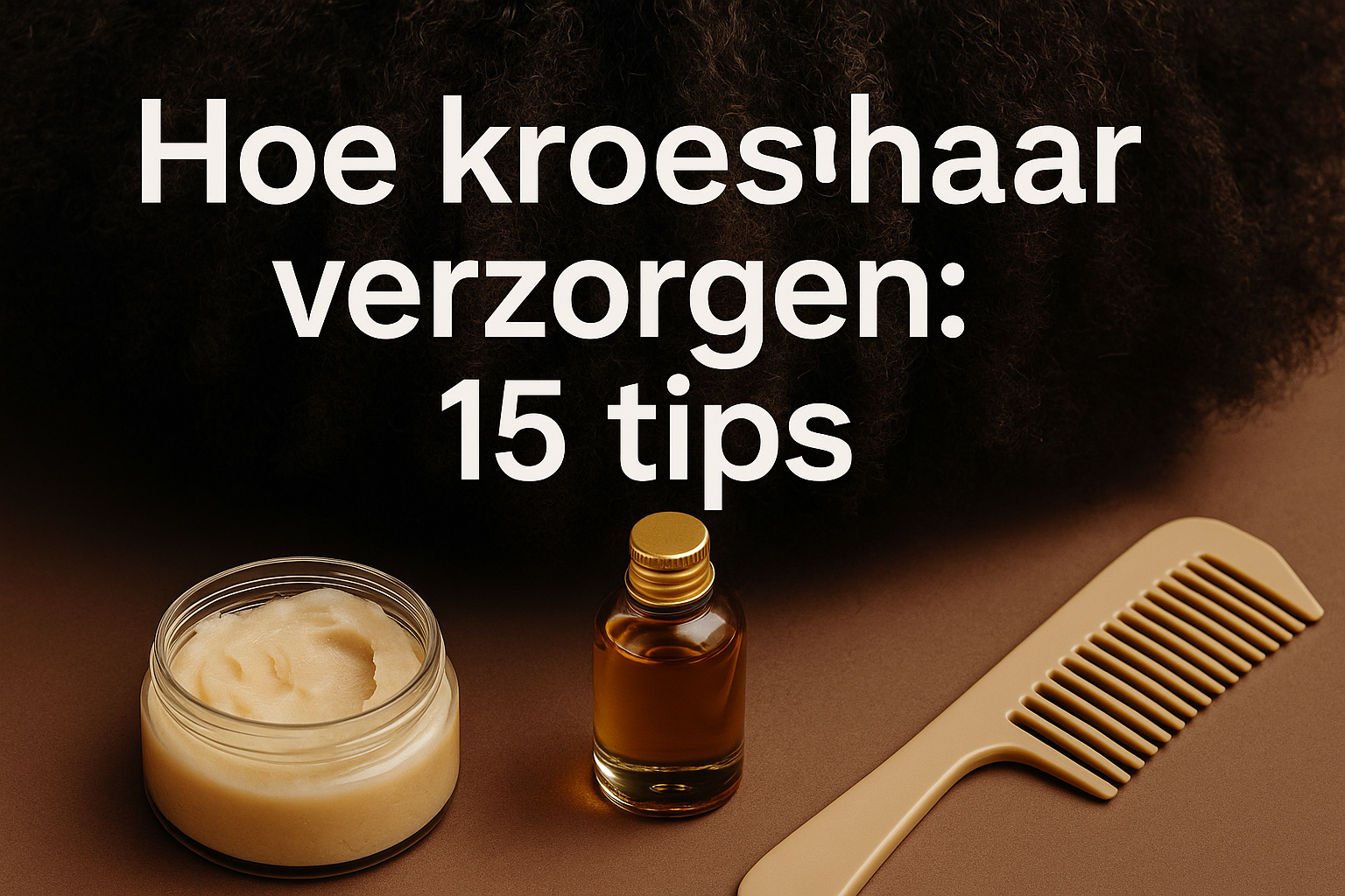 Hoe kroeshaar verzorgen: 15 tips voor gezond en stralend haar in 2025 1 Professional landscape hero image (1536x1024) featuring bold text overlay 'Hoe kroeshaar verzorgen: 15 tips' in extra large 72pt white sans-