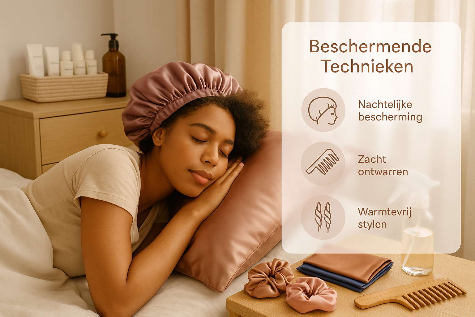 Hoe kroeshaar verzorgen: 15 tips voor gezond en stralend haar in 2025 3 Lifestyle landscape image (1536x1024) showing beautiful woman with natural kroeshaar wearing satin bonnet and silk pillowcase, peaceful bedr