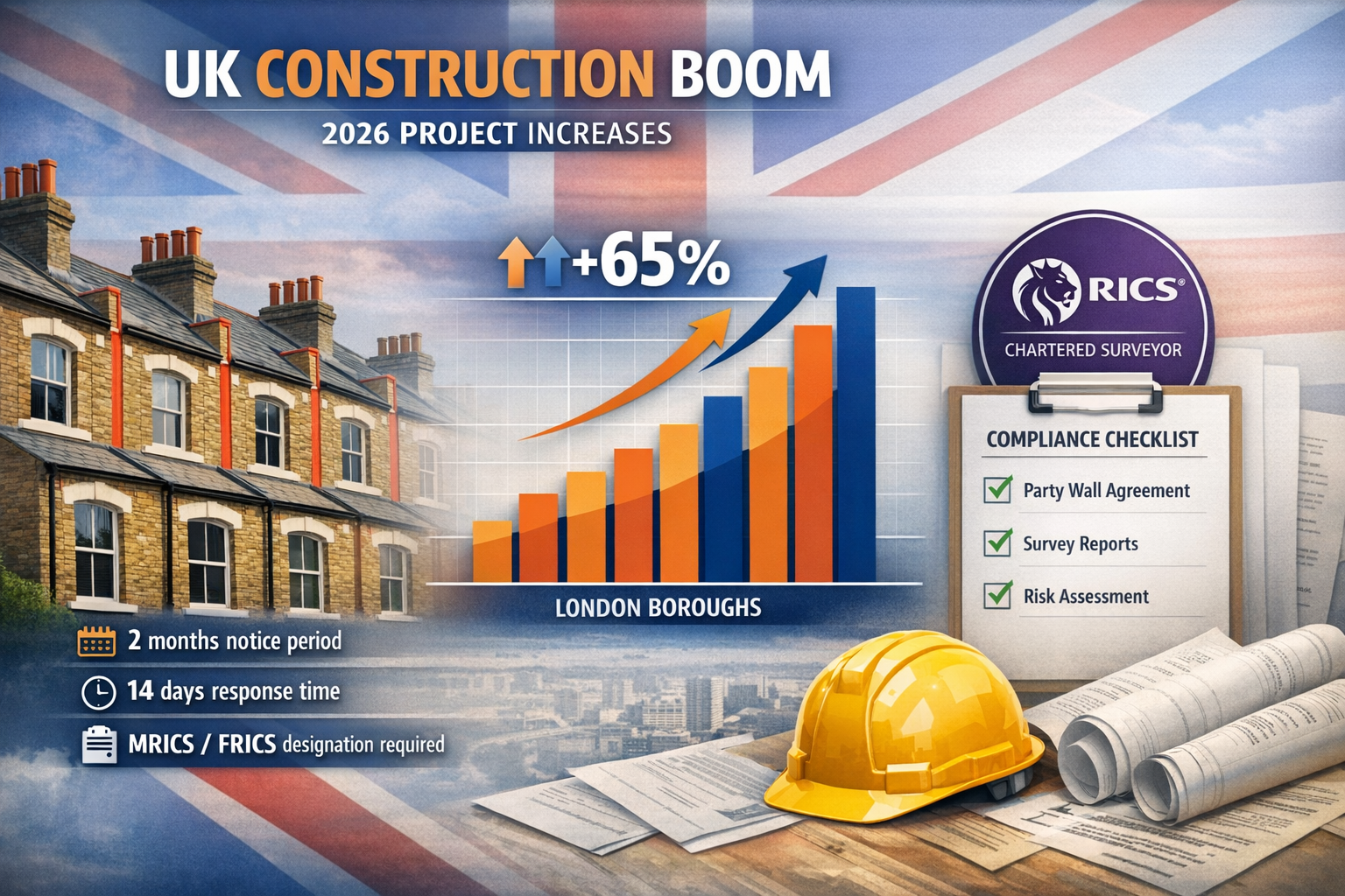 Detailed landscape format (1536x1024) image showing UK construction boom statistics with modern infographic design. Central focus on rising