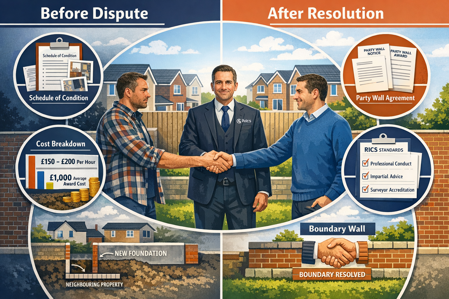Detailed landscape format (1536x1024) image depicting neighbour dispute resolution framework with RICS compliance pathway. Center shows two
